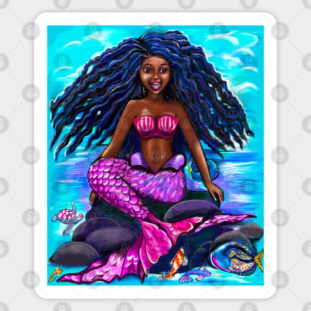 Black mermaid with flowing locks singing , brown eyes Afro hair and caramel brown skin Sticker by Artonmytee